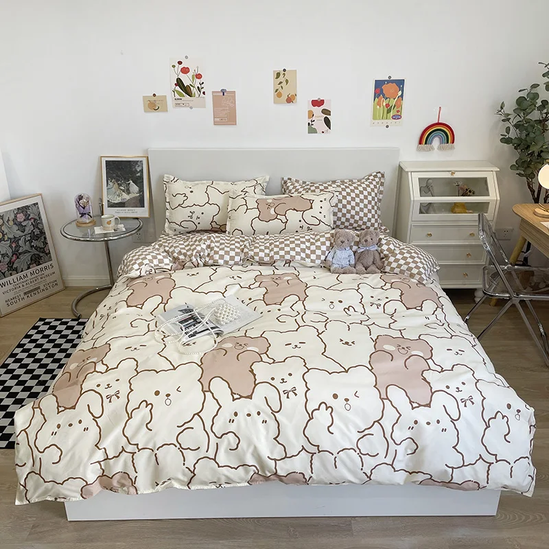 Light Beige 220x240 Duvet Cover Pillowcase 3pcs Brown Bear Pattern Quilt Quality Soft Double Queen King Size Bedding Set |