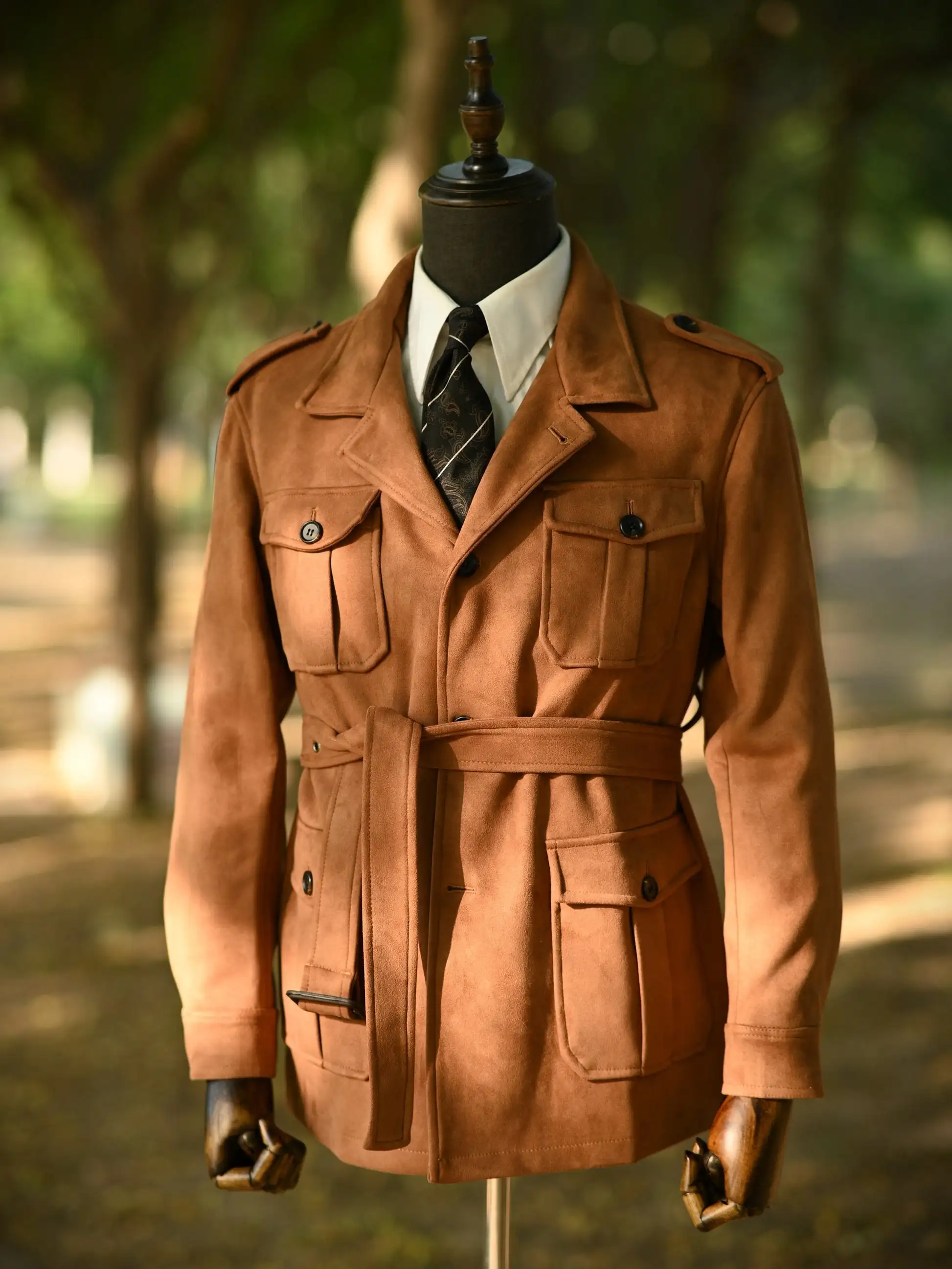 Men's Faux-Suede Safari Jacket Military Style Outwear