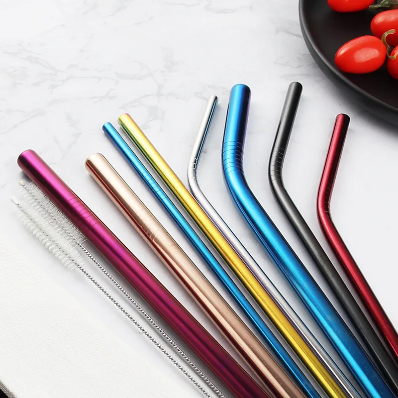 Vibrant Reusable Stainless Steel Straws with Cleaning Brush - Eco-Friendly Drinkware Set