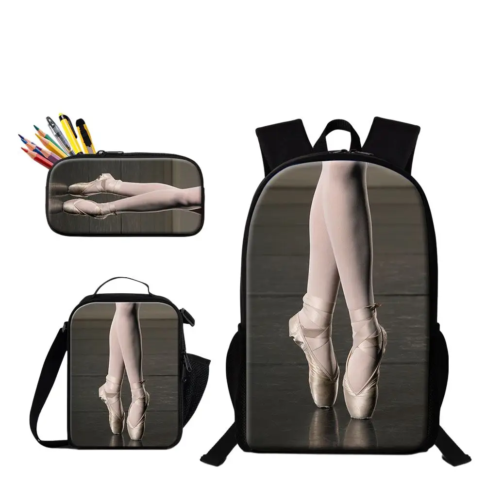 3PCS Set School Bag With Food Lunchbox Pencil Case Ballet Print Large Capacity Backpack For Girls Women Cute Travel Shoulder Bag