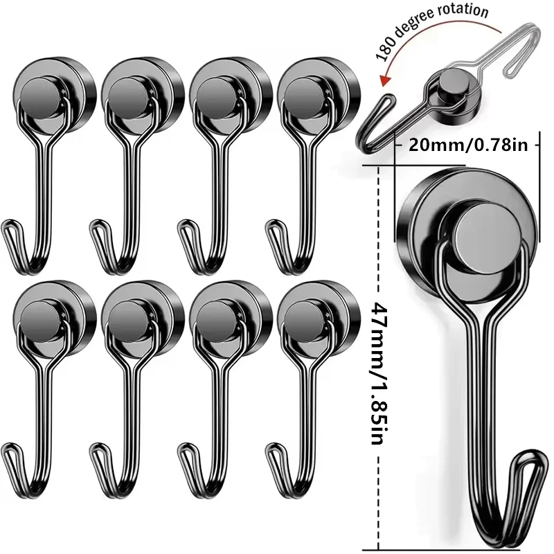 20 มม.ตะขอแม่เหล็กสีดํา Heavy Duty ตะขอหมุนแม่เหล็ก Cruise Strong Neodymium แม่เหล็กตะขอสําหรับตู้เย็น Locker สํานักงานโรงเรียน 1