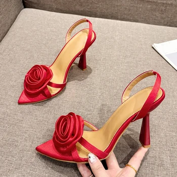 Liyke Summer Fashion Silk Rose Flowers Pointed Open Toe Back Strap Sandals Women Red High Heels Wedding Prom Shoes Zapatos Mujer 1