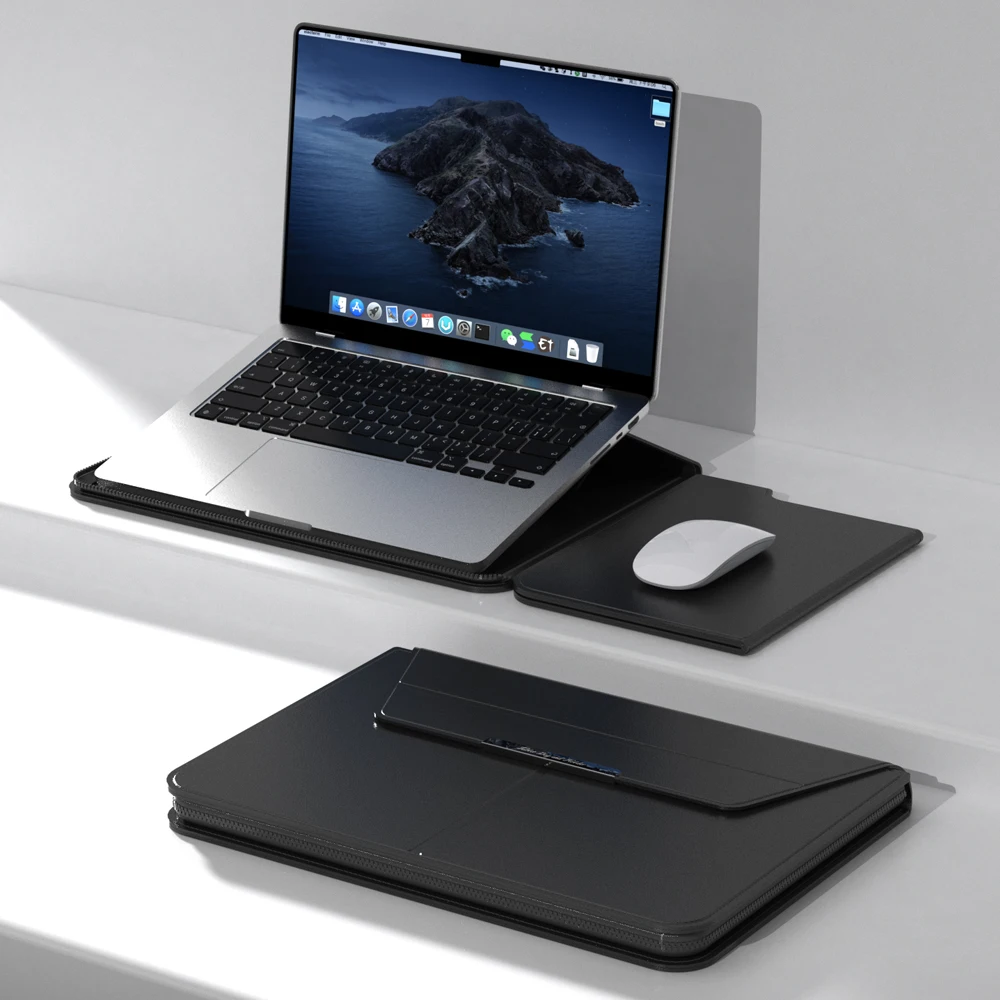 Premium PU Leather Laptop Sleeve Case with Built-In Stand
