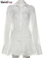 Weird Puss See-Through Tierred Dress Woman Summer Solid Turn-Down Collar Shirt Ruffles Chic Long-Sleeve Chiffon Party Bodycon - Image 6