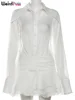 Weird Puss See-Through Tierred Dress Woman Summer Solid Turn-Down Collar Shirt Ruffles Chic Long-Sleeve Chiffon Party Bodycon 6