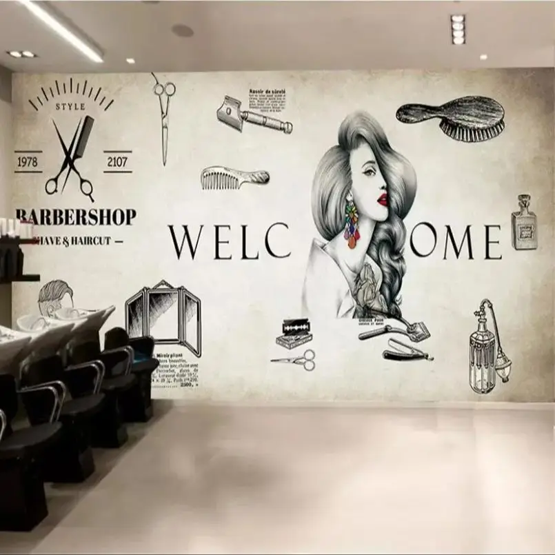 Papel de Parede Nostálgico Retro Mural 3d Personalizado Cabeleireiro Cabeleireiro Tatuagem Imagem de Fundo Tendência Barbearia
