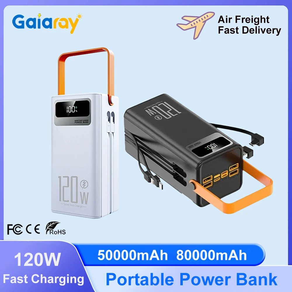 Gaiaray 50000mAh 80000mAh Batterie externe portable 120W Station d'alimentation à charge rapide Batterie de secours Chargeur LED pour la maison et le camping