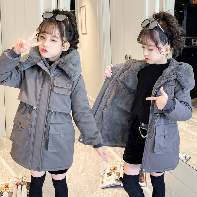 الفتيات الشتاء الدافئة أفخم سترة 5-14Y الرباط الخصر مقنعين معطف القطن مع الفراء طوق يندبروف معطف ملابس خارجية للأطفال