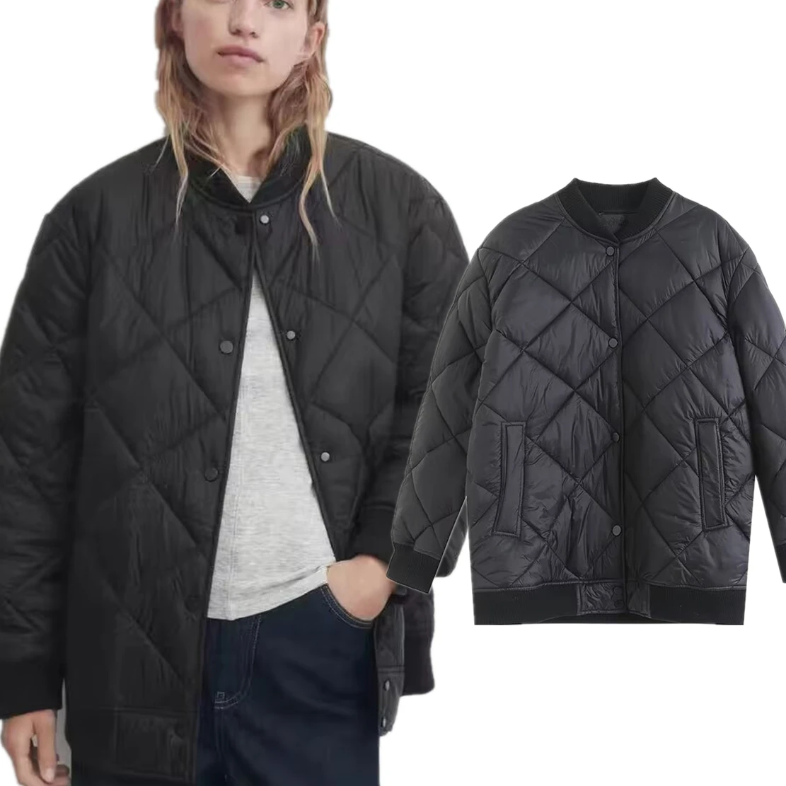 

Withered Autumn And Winter Black Loose Coat Women Bomber Jacket Tops New Women's Quilted Flight Jacket