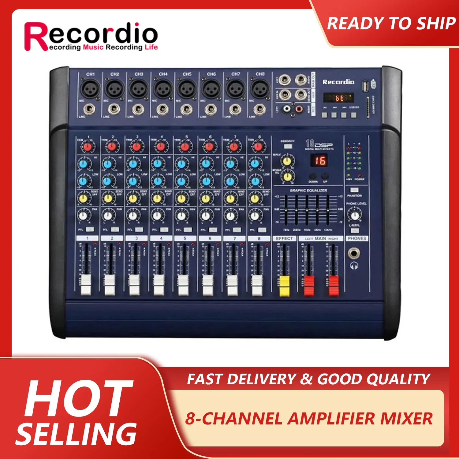 GAX-802D Professional 8 Channel Digital Audio Mixer Console Karaoke Microphone Sound Mixing Amplifier Built-in 48V Phantom Power