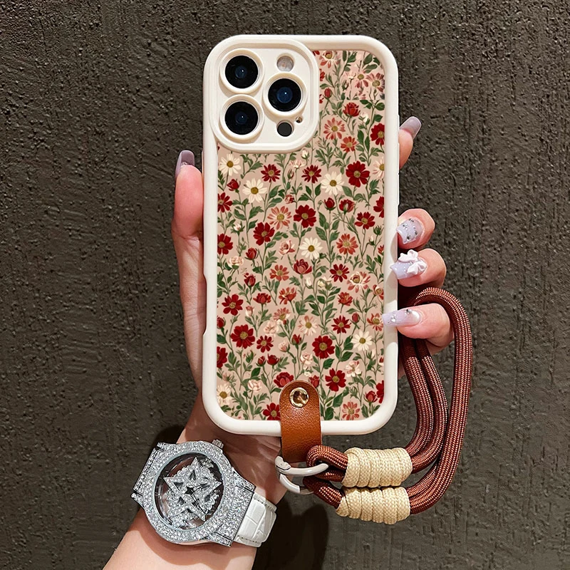 Charming Floral Lanyard Strap Silicone Phone Case - Soft and Durable Cover