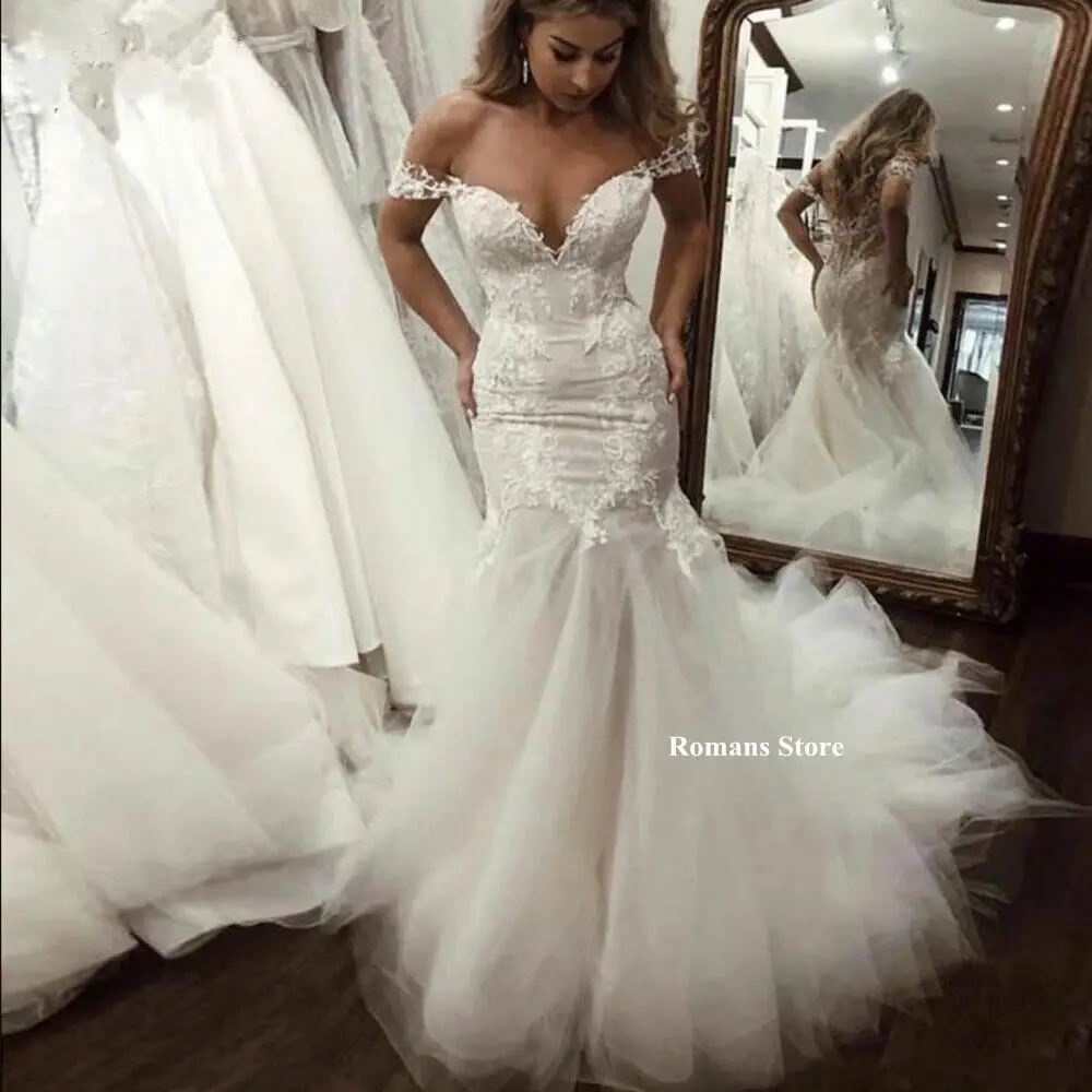 

Romans White Off the Shoulder Wedding Dress for Women Tulle Appliques Bridesmaids Mermaid Female Dresses Formal Occasion Dresses
