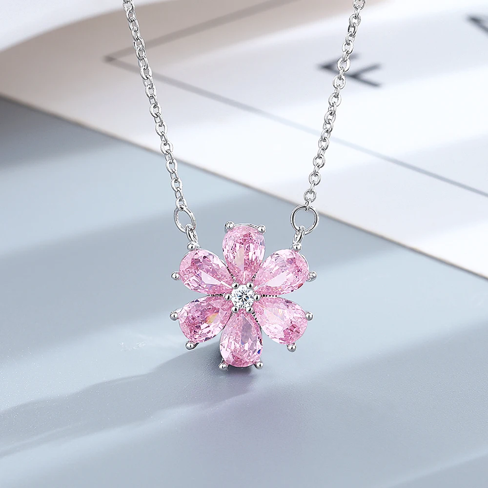 Elegant Pink Zircon Crystal Floral Jewelry Set