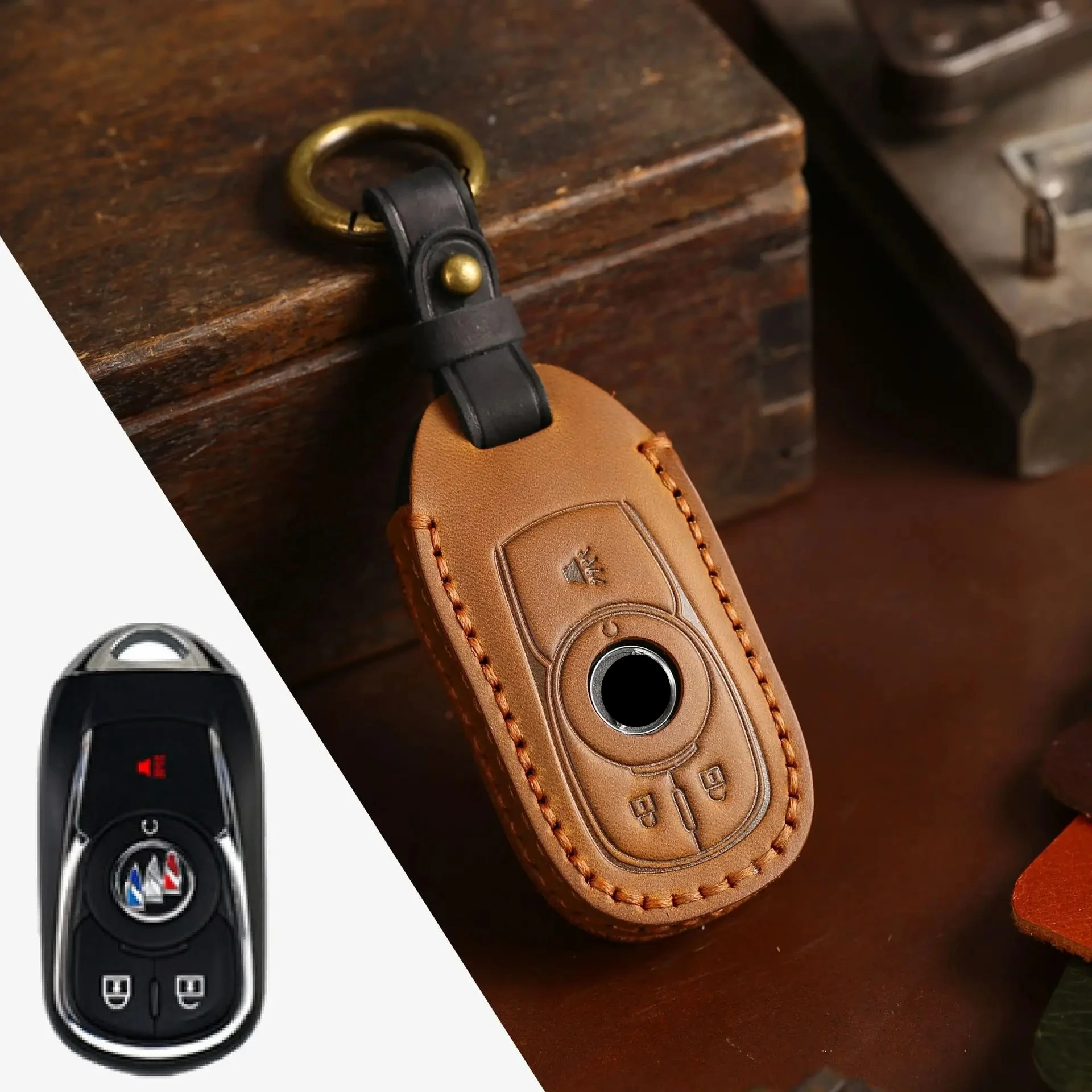 Luxury Leather Key Fob Cover: Anti-Scratch, Shockproof Protection with Metal Ring
