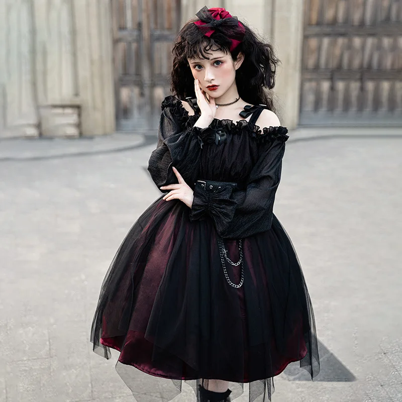 Women Gothic Dress Ruffle Mesh Puff Sleeve Bow Steampunk Cosplay Irregular