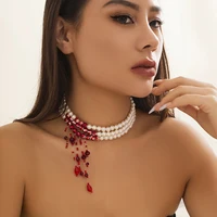 Multilayer Vintage Red Blood Pattern Imitation Pearl Tassel Pendant Necklace for Women Goth Crystal Bead Chain Halloween Jewelry 3