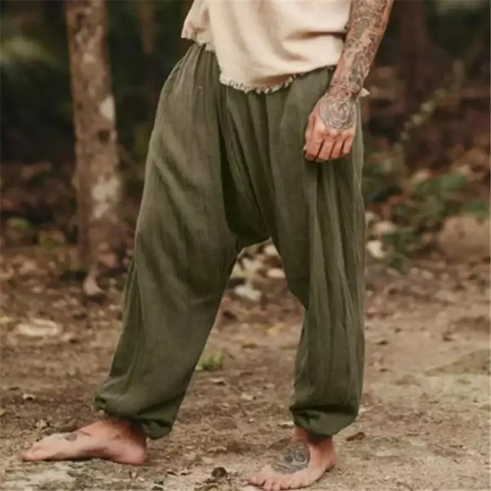 

Loose Fit Pants Men Baggy Trousers Soft Breathable Ankle-banded Men's Vintage Long Trousers Elastic Waist Solid Color Thin