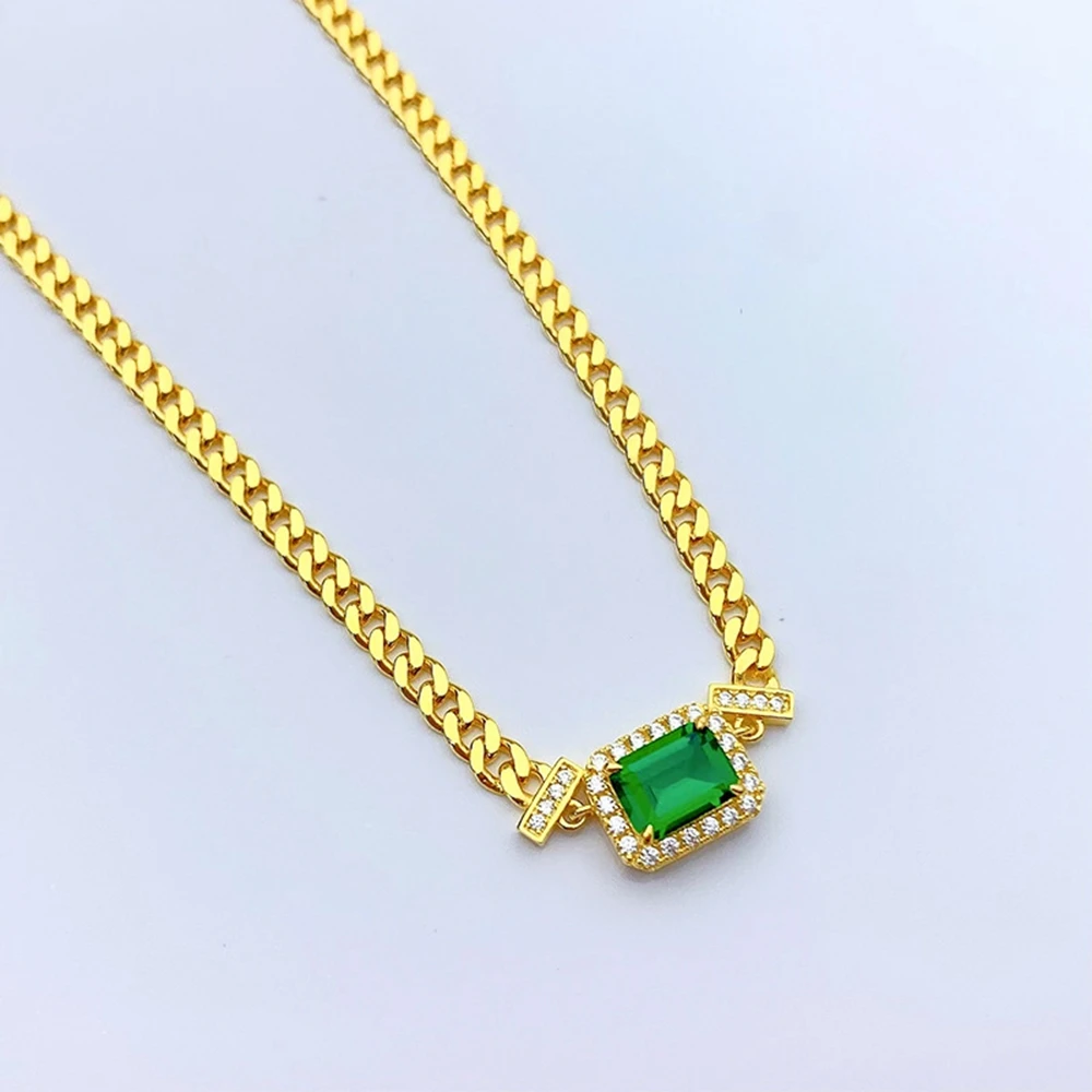 Vintage 925 Sterling Silver Emeralde Gemstone Cuban Pendant Necklace