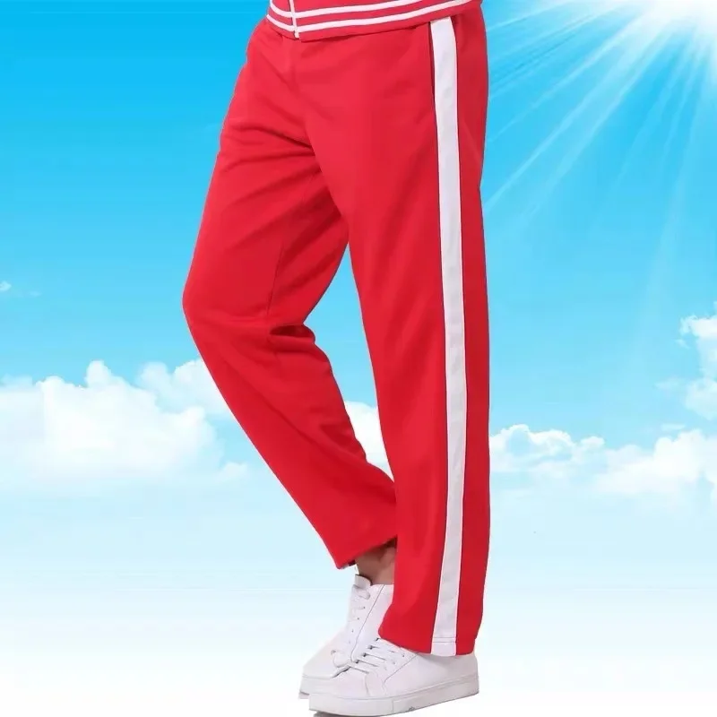 Loose Straight Leg Sports Pants for Square Dance Spring Summer Autumn Unisex Large Size Red Blue White Stripes School Pants