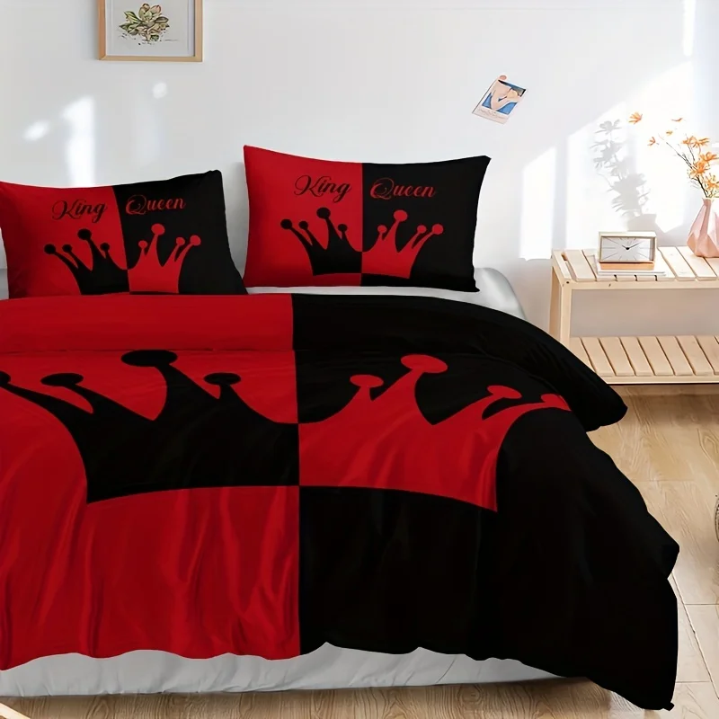3pcs Duvet Cover Set, Black And Red Crown Pattern Bedding Set, Soft Duvet Cover For Bedroom, Guest Room