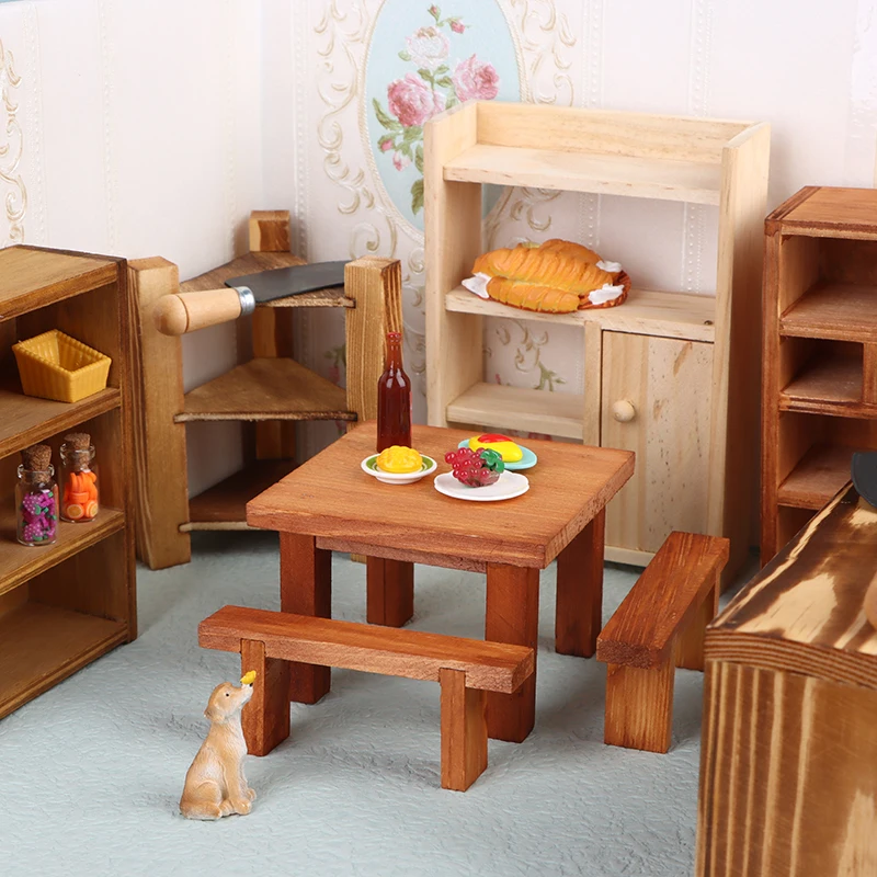 1:12 A Set Of Wooden Kitchen Furniture Wooden Knife Fork Wooden Table Cabinet Shelf Dollhouse Miniatures Accessories Doll House 1 6 scale bjd dollhouse miniature furniture wooden shelf cabinet sink cabinet operator counter bar dollhouse kitchen accessory