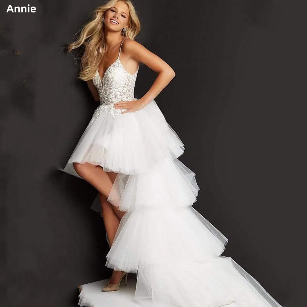 

Annie White Prom Dresses Sling Tulle Embroidery Formal Occasion Dresses Asymmetrical Skirt فساتين للحفلات الراقصة