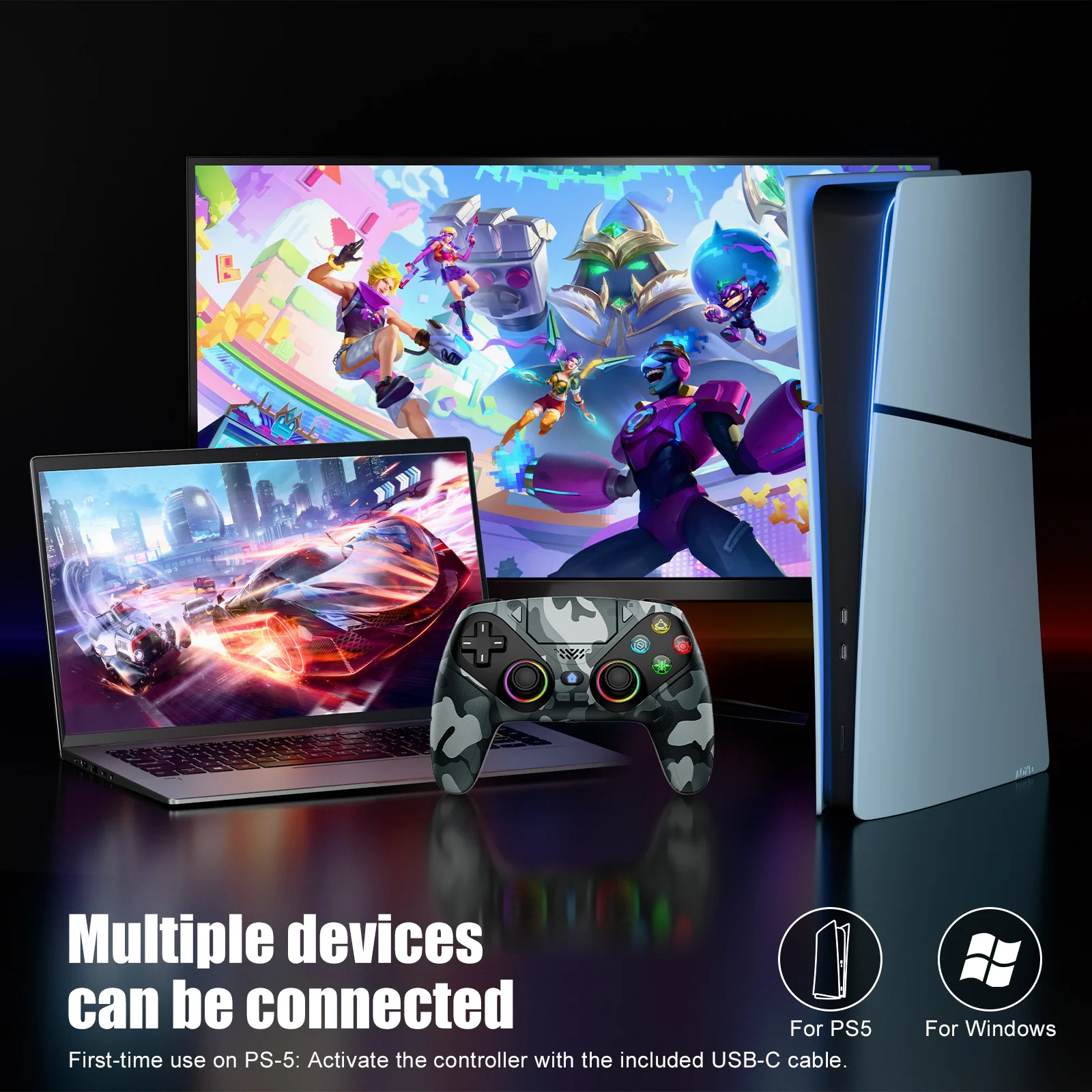 รูปสินค้า จอยเกมไร้สาย RGB สำหรับ PS5 พร้อมฟังก์ชัน Turbo และ Marco