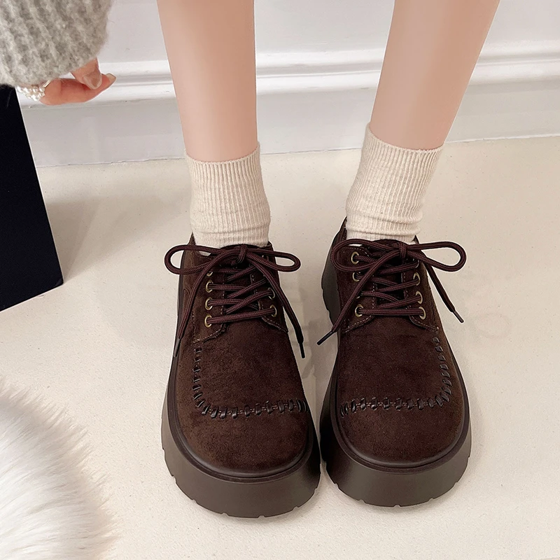 Aphixta Winter Platform Woman Casual Shoes Camel Lace Up Suede Chunky Heel Woman Shoes Warm Short Plush Weave Design Footwear