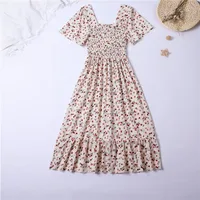 Printemps été robe en mousseline de soie femmes robes mi-longues femme à manches courtes taille élastique imprimé fleuri plissé dos nu tenue décontractée 5