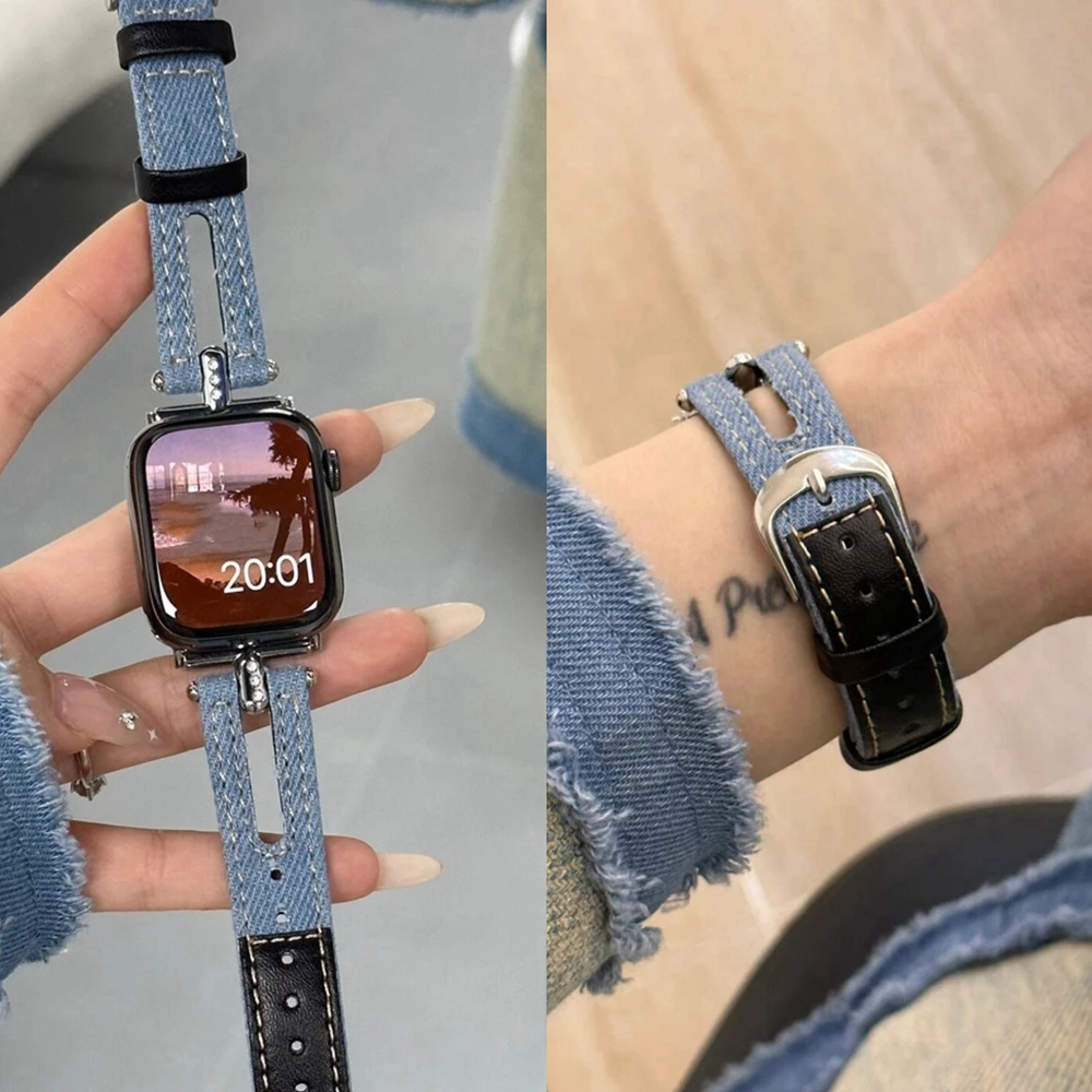 สายนาฬิกาผ้า denim วินเทจ สำหรับ Apple Watch ผู้หญิง