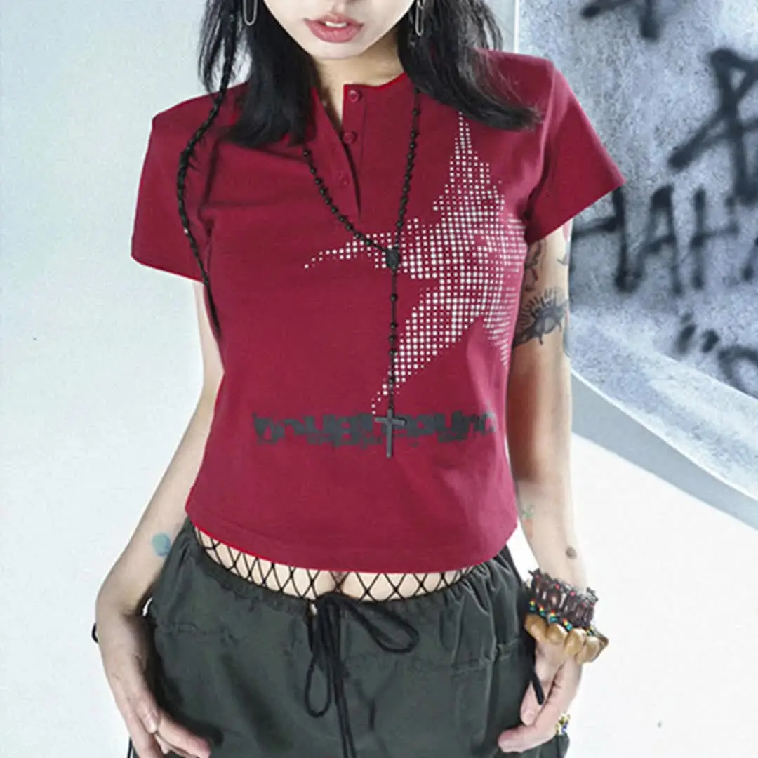 Harajuku Crop Top Japanese Style Star Pattern Round Neck Short
