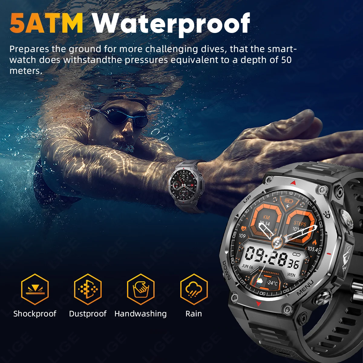 LIGE Smart Watch Men's 1.43 inch Ultra HD Screen Amoled 466*466 Pixels 5ATM Waterproof Smartwatch Men Sports Fitness Tracker New
