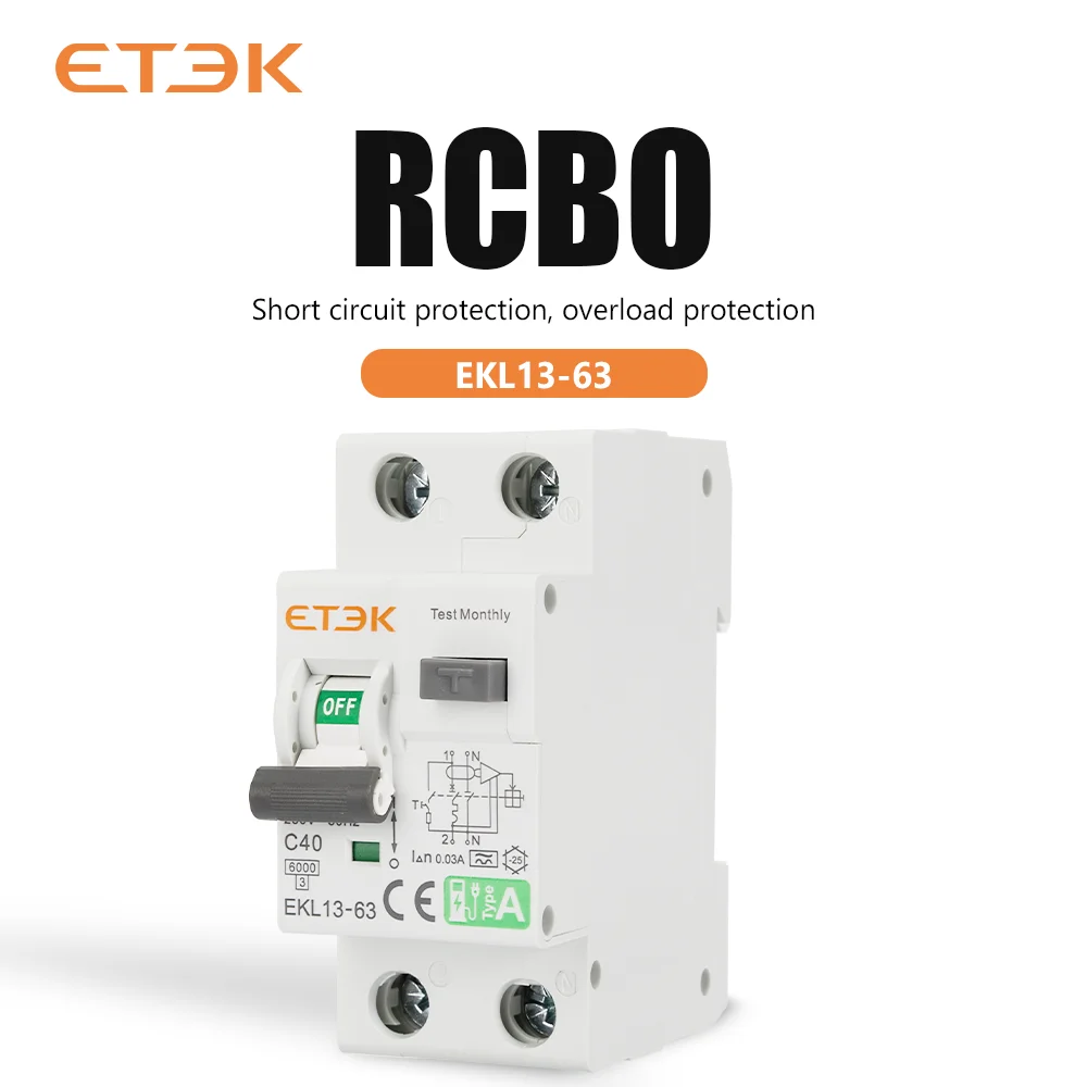 Circuit Breaker ETEK Residual Automatic Circuit Breaker A Type C Curver 30mA 40A 1p+N 2p with Over Current Leakage Protection 6KA RCD EKL13