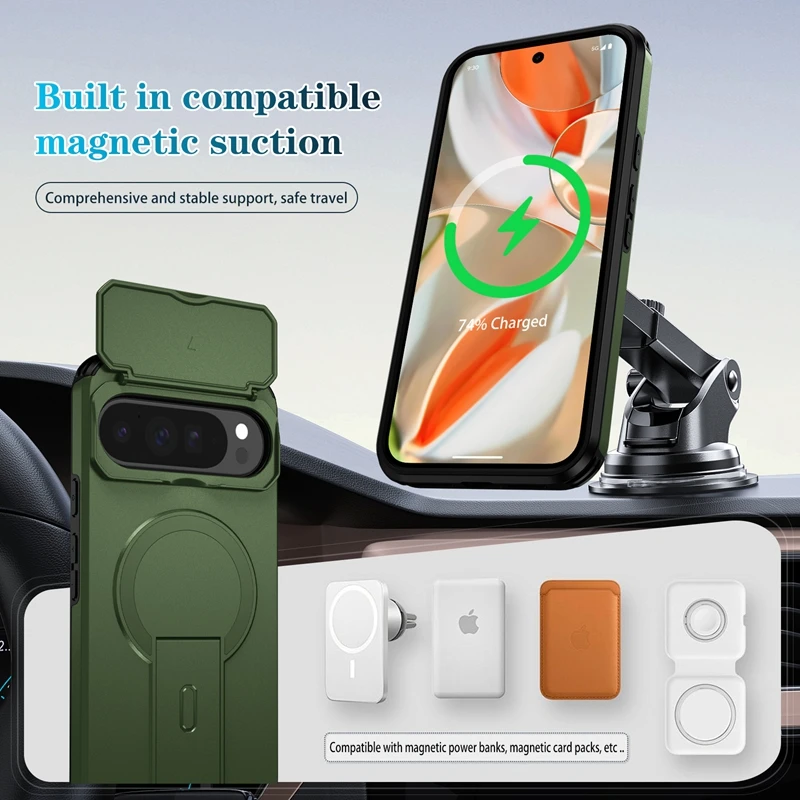 Rugged Military-Grade Kickstand Case with Lens Cover & Magnetic Car Holder