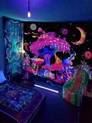 Vibrant Fluorescent Mushroom Tapestry with Mystical Night Sky Design - 130x150cm (GT3750)