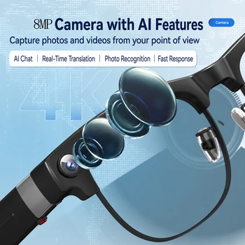 Occhiali Smart AI con Fotocamera, Video e Foto 4K con EIS Anti-Shake, Traduzione in Tempo Reale, Audio Bluetooth Open-Ear