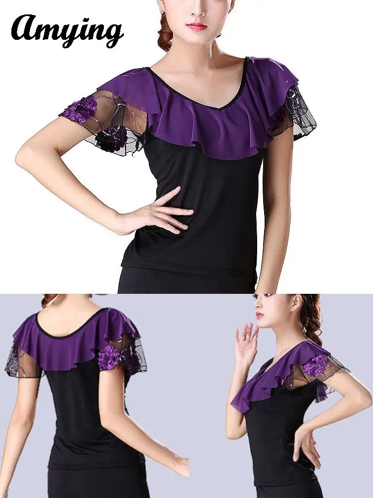 Ladies Tops Modern Dance Short Sleeve Tops Women Square Performance Practice Training Costume Horn Sleeve Top Plus Size