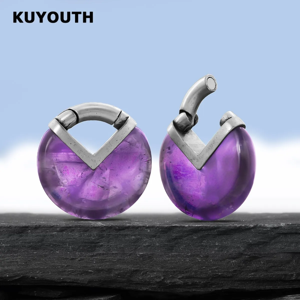 KUYOUTH 자수정 원형 귀걸이 가우지 구리 자석 귀걸이 피어싱 쥬얼리 확..