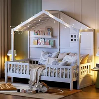 Twin Size House Bed with Storage Shelves and Fence,Sparkling Light Strip on The Roof for Children Teens Adults 1