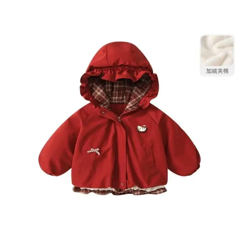 산리오 헬로키티 후드 코트, 면 플리스 안감 패딩, 여자 어린이  겨울 패션 따뜻하고 편안한 2025년 신상