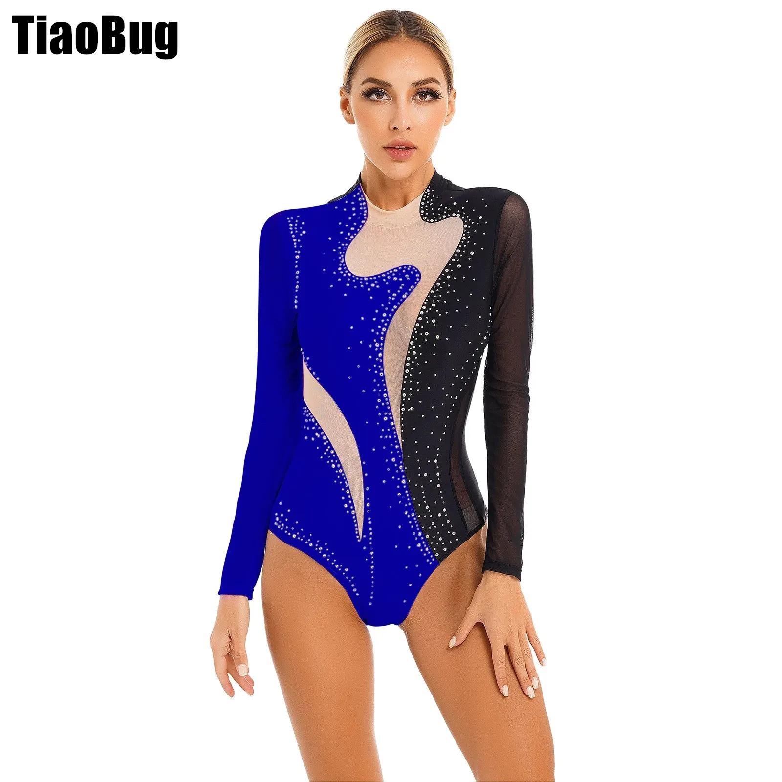 

Women Color Block Ballet Leotard Patchwork Bodysuit Sparkling Rhinestone Sheer Mesh for Gymnastics Acrobatics Latin Dancewear