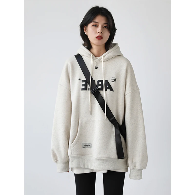 

Модный серый пуловер в Корейском стиле с мешковатыми карманами, винтажный флисовый свитшот с надписью, Повседневная Толстовка с рукавами реглан для ленивых, осень