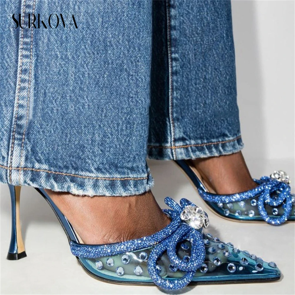 

Transparent Rhinestone Lace-Up Pumps Solid Color Pvc Crystal Bow Blingbling Gorgeous Dress Shoes Women's Luxury Runway Shoes New