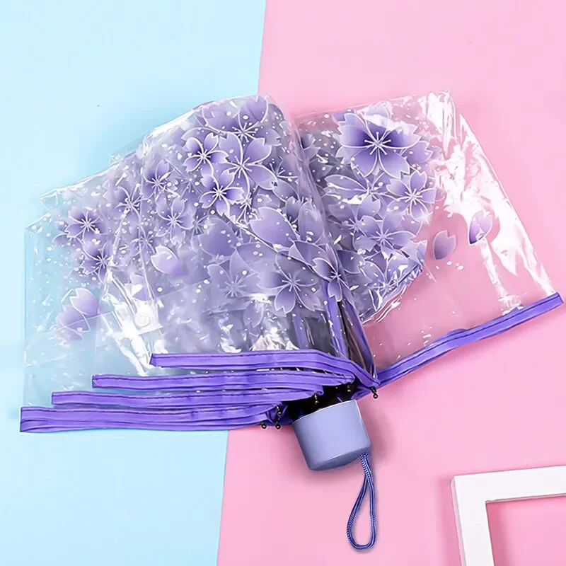 Mini Folding Japanese Umbrella Korean Umbrella Folding Cute Korean Mini Fresh Simple Sen Series Trifold Japanese Cherry Blossom Transparent