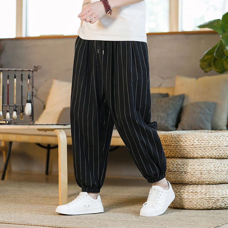Style japonais rayure été coton lin sarouel hommes Streetwear respirant plage pantalon mâle décontracté mollet longueur pantalon