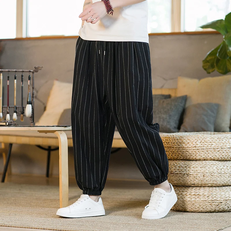 Japanese Style Stripe Summer Cotton Linen Harem Pants Men