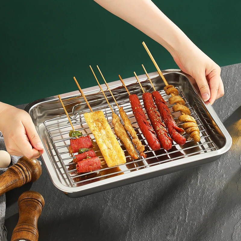 Rectangular Storage Plates Stainless Steel Bakeware with Cooling Rack Kitchen Oven Baking Tray Oil Filter Pan Food Service Trays storage box storage tray kitchen tray
