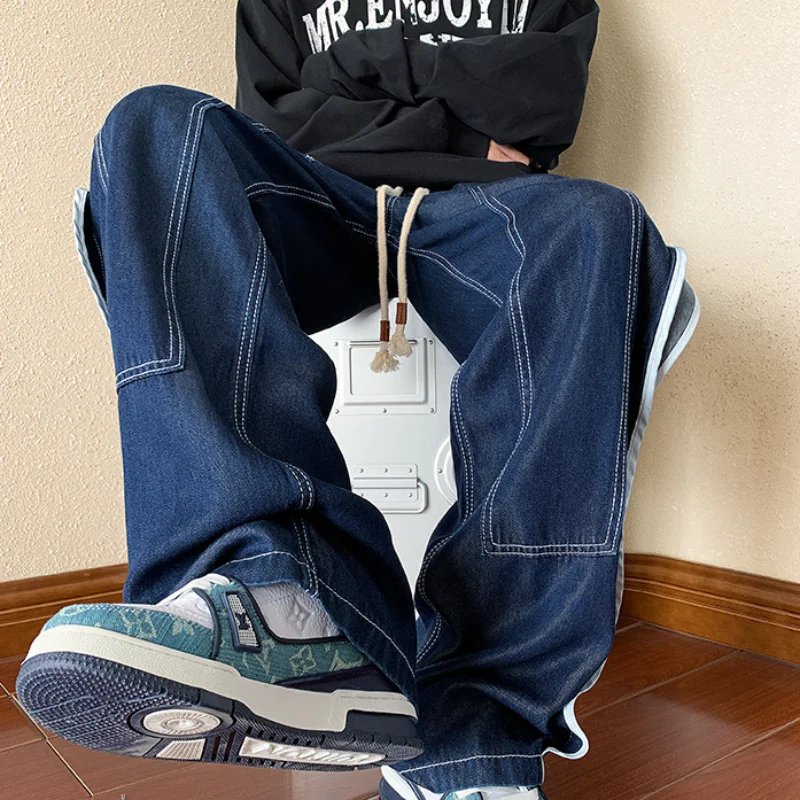 American Street Trend Handsome Wide Leg Jeans Men Solid Elastic Waist Drawstring Pocket Patchwork Loose Versatile Straight Pants