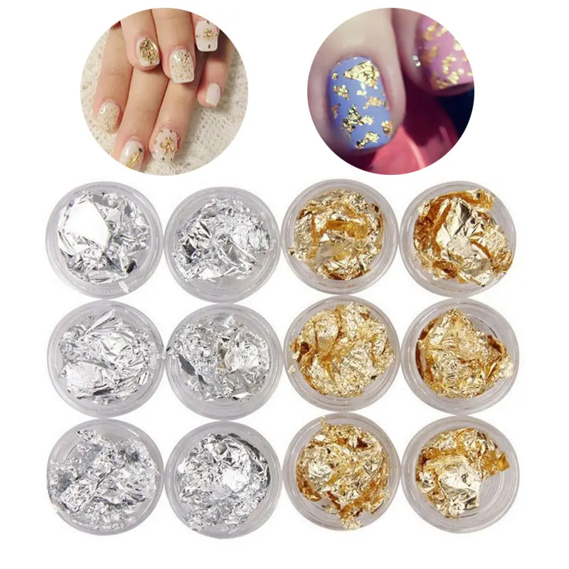 

12Pots Gold Silver Irregular Aluminum Foil Paper Sticker DIY 3D Nail Art Decoration Manicure Tools