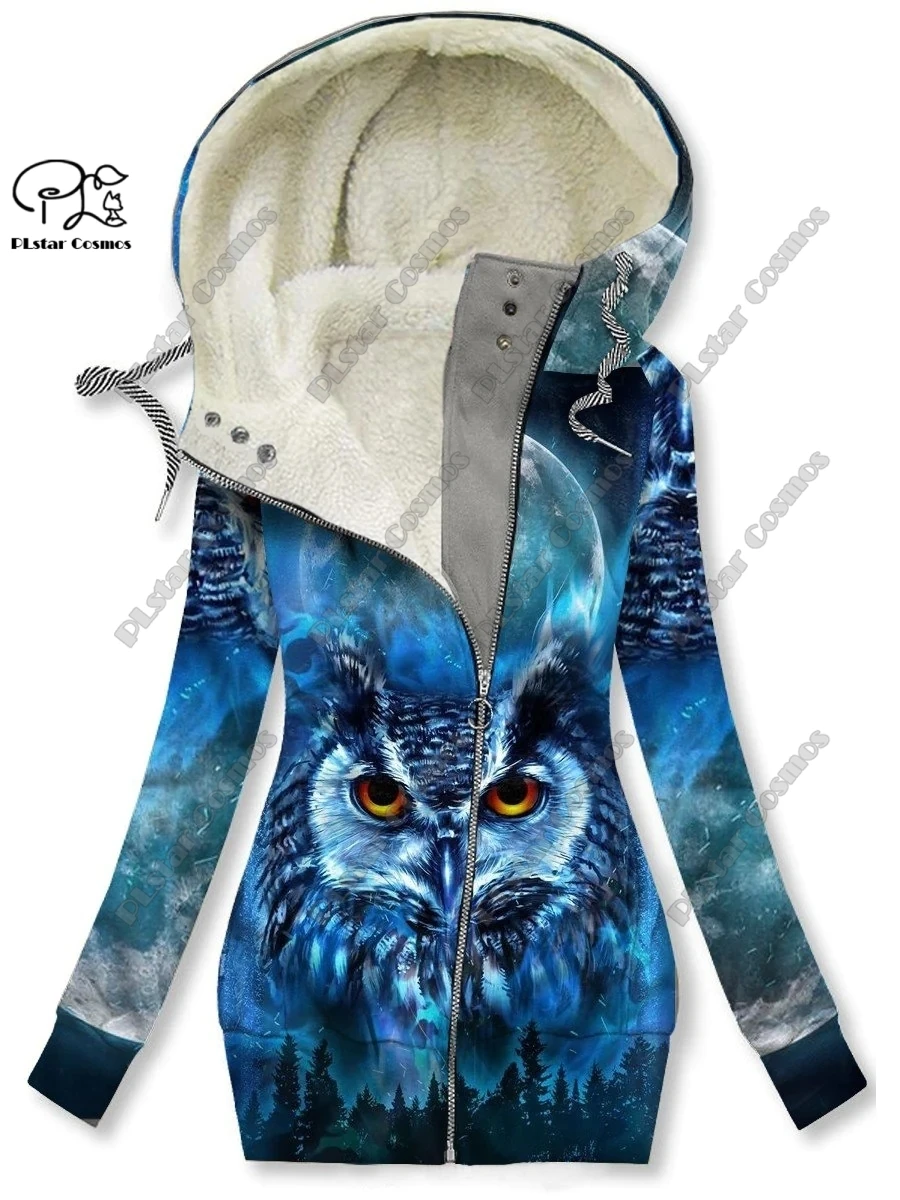 New 3D printed animal series cute owl pattern plus velvet warm women's long zipper hoodie coat commuting casual winter M-6